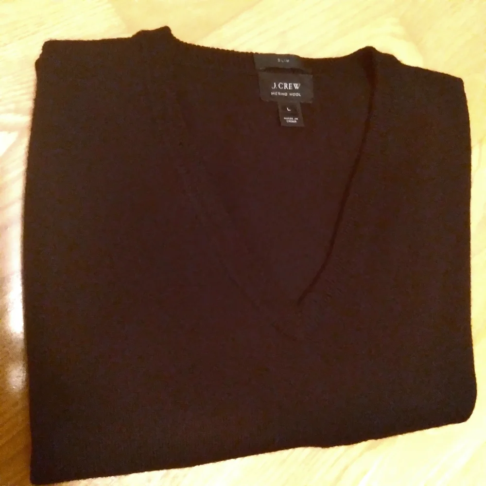 J. Crew Slim Black Merino Wool V-Neck‎ Sweater Minimalist Quiet Luxury  Large